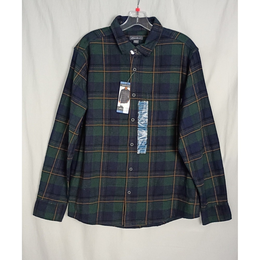 Eddie Bauer Men's Button Up Shirt Green/Blue Plaid Sz L Flannel Cotton